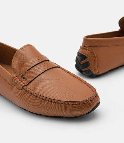 Embossed Leather Penny Loafers - Camel