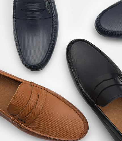 Embossed Leather Penny Loafers - Camel