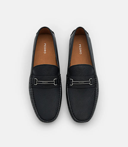 Steven Leather Horsebit Driving Shoes - Black