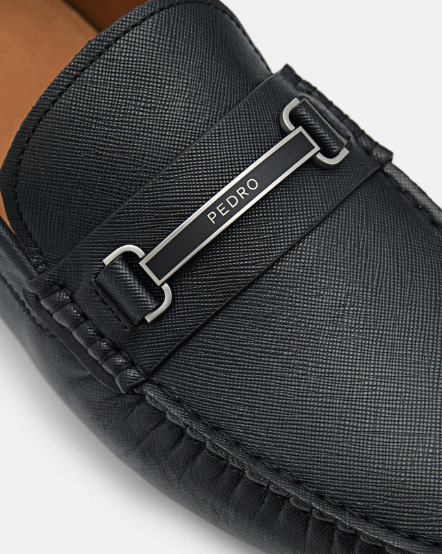 Steven Leather Horsebit Driving Shoes - Black