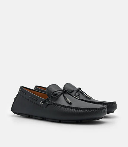 Saffiano Leather Bow Driving Shoes - Black