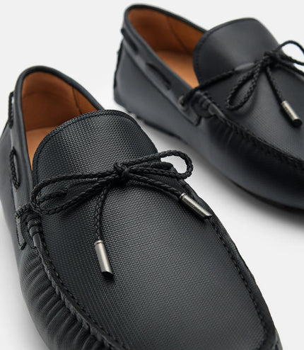Saffiano Leather Bow Driving Shoes - Black