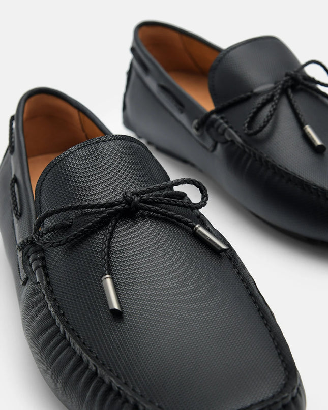 Saffiano Leather Bow Driving Shoes - Black