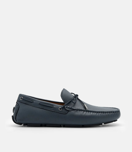 Saffiano Leather Bow Driving Shoes - Navy Blue