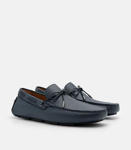 Saffiano Leather Bow Driving Shoes - Navy Blue