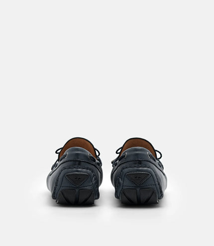 Saffiano Leather Bow Driving Shoes - Navy Blue
