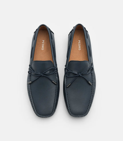 Saffiano Leather Bow Driving Shoes - Navy Blue