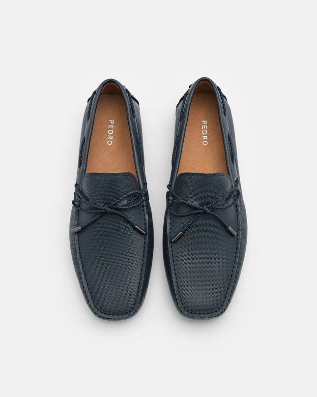 Saffiano Leather Bow Driving Shoes - Navy Blue