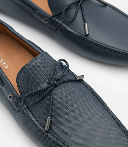 Saffiano Leather Bow Driving Shoes - Navy Blue