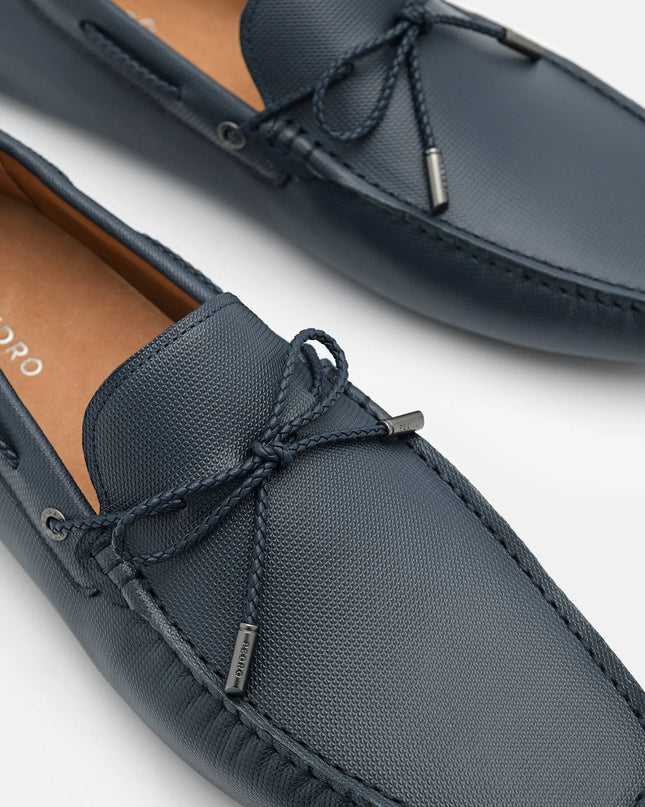 Saffiano Leather Bow Driving Shoes - Navy Blue