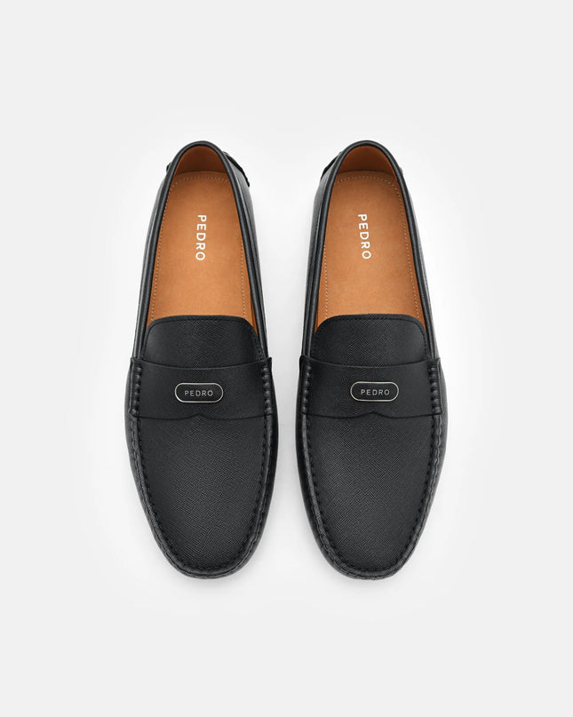 Embossed Leather Driving Shoes - Black