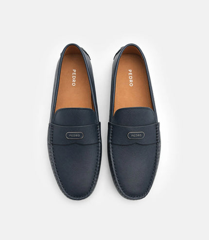 Embossed Leather Driving Shoes - Navy