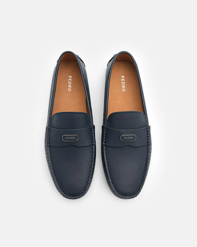 Embossed Leather Driving Shoes - Navy