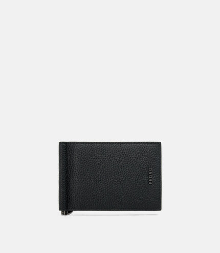 Embossed Leather Card Holder with Money Clip - Black