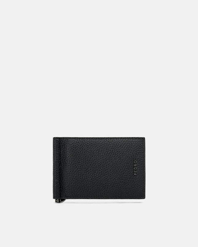 Embossed Leather Card Holder with Money Clip - Black