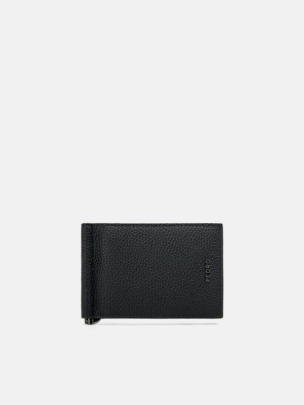 Embossed Leather Card Holder with Money Clip - Black