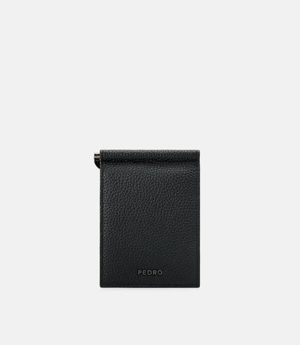 Embossed Leather Card Holder with Money Clip - Black