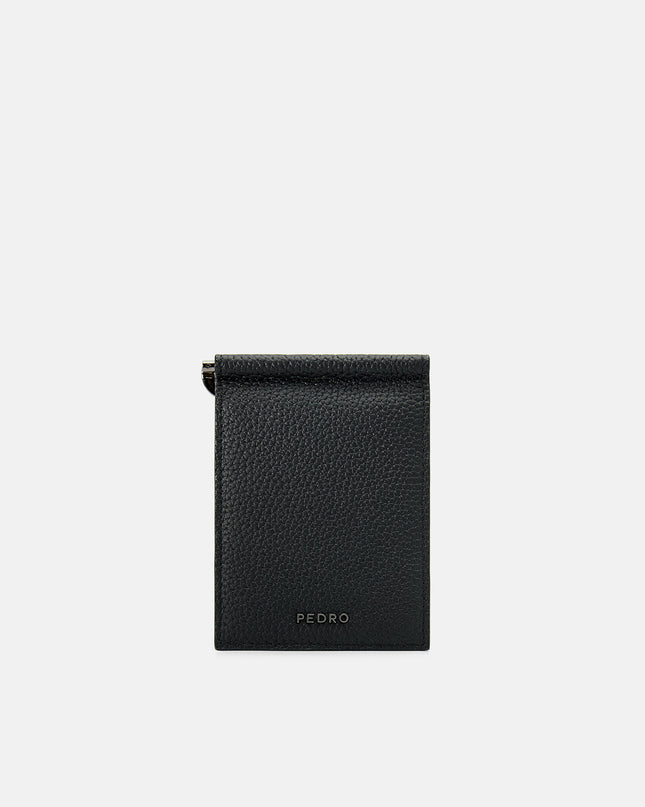 Embossed Leather Card Holder with Money Clip - Black