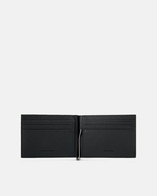 Embossed Leather Card Holder with Money Clip - Black