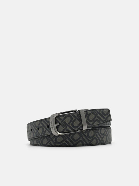 Embossed Leather Reversible Pin Belt - Black
