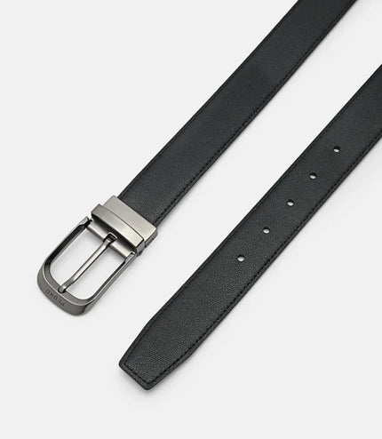 Embossed Leather Reversible Pin Belt - Black