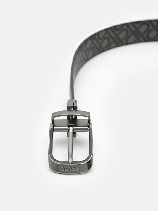 Embossed Leather Reversible Pin Belt - Black