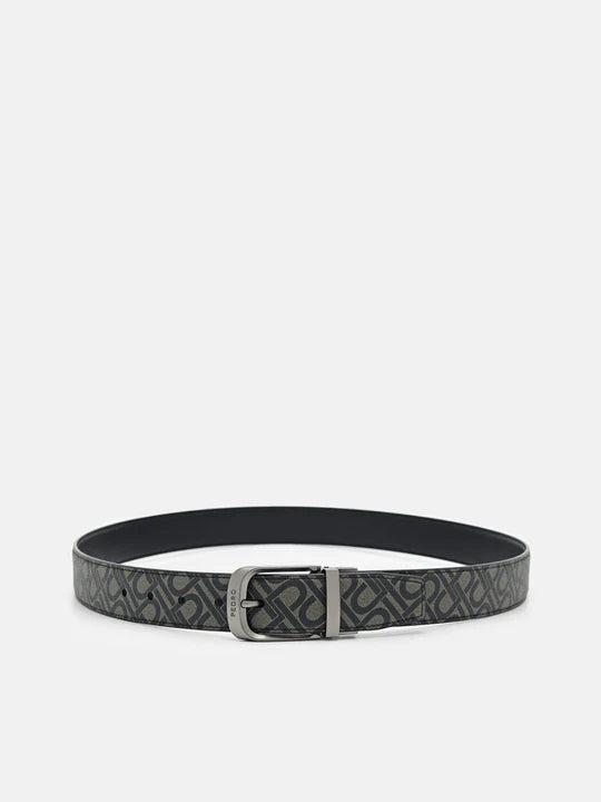 Embossed Leather Reversible Pin Belt - Black