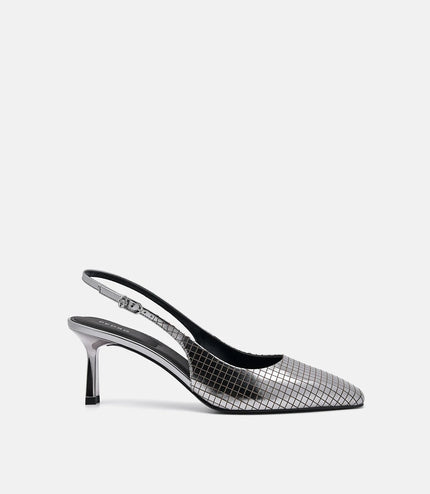 Metallic Leather Slingback Heel Pumps - Pewter