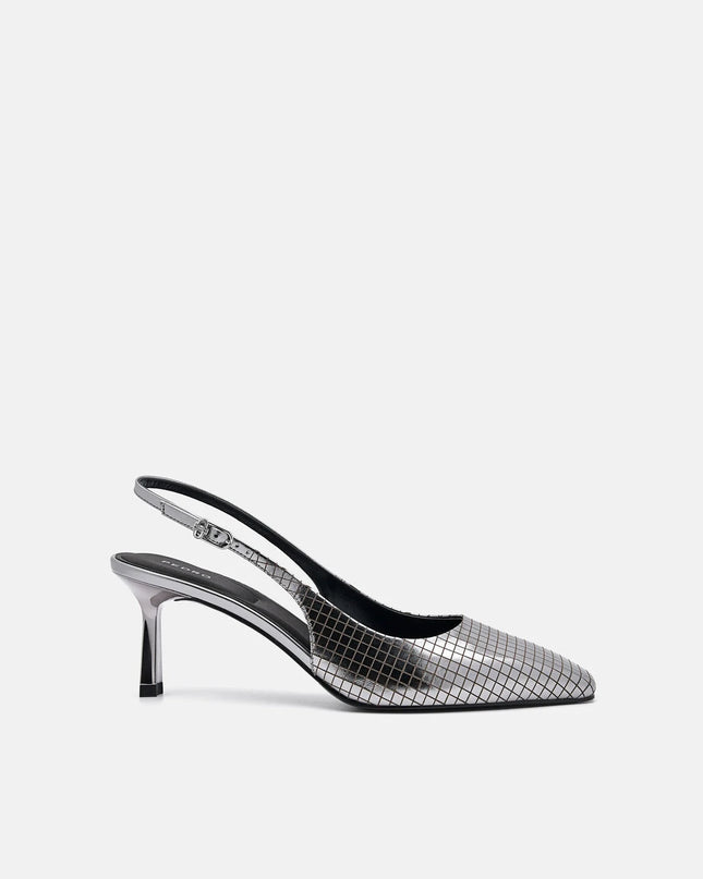 Metallic Leather Slingback Heel Pumps - Pewter