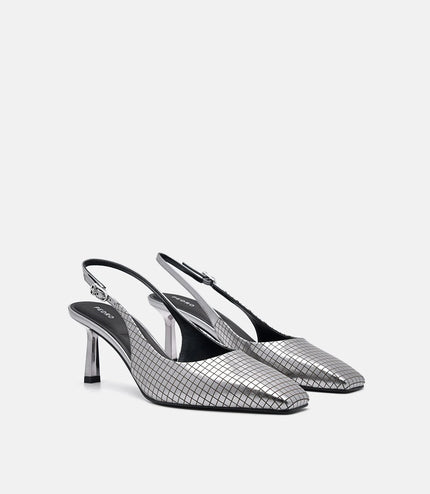 Metallic Leather Slingback Heel Pumps - Pewter