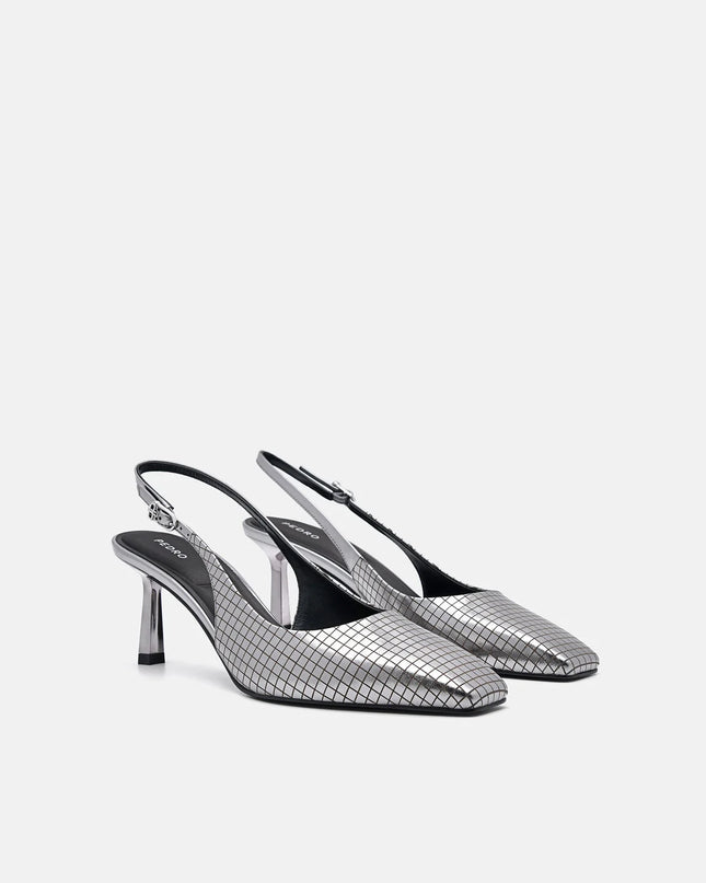 Metallic Leather Slingback Heel Pumps - Pewter
