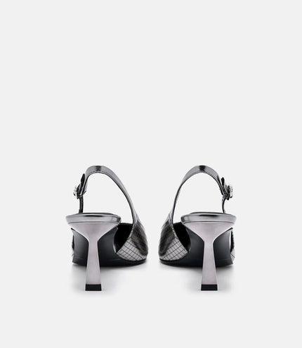 Metallic Leather Slingback Heel Pumps - Pewter