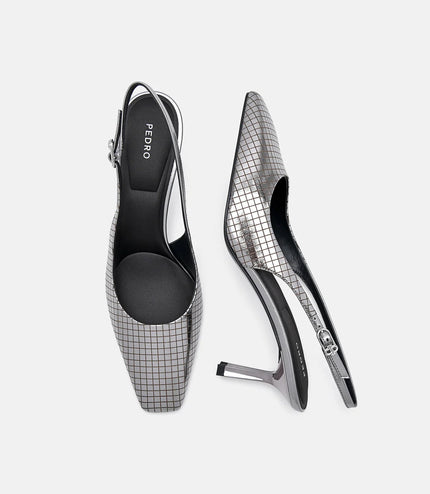 Metallic Leather Slingback Heel Pumps - Pewter