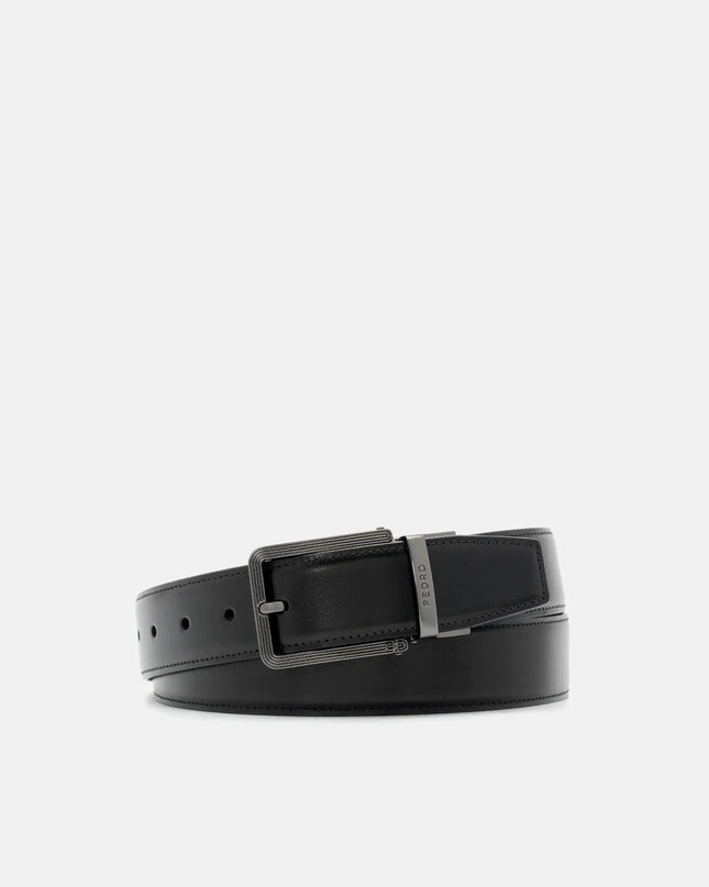 Leather Reversible Pin Belt - Black Textured