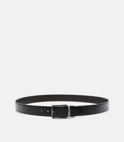 Leather Reversible Pin Belt - Black Textured