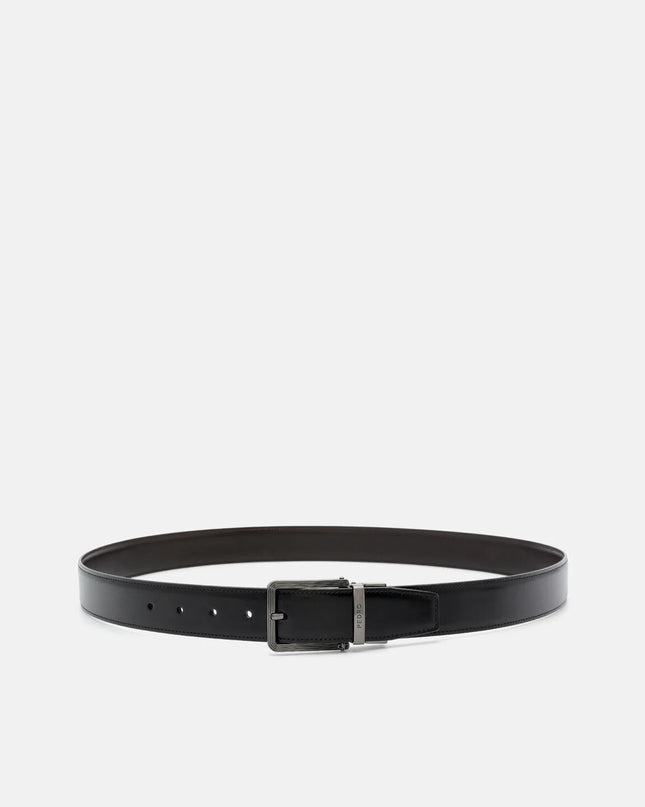 Leather Reversible Pin Belt - Black Textured