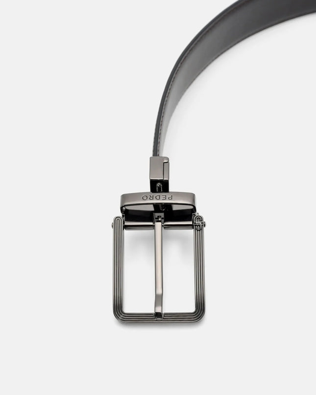 Leather Reversible Pin Belt - Black Textured