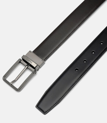 Leather Reversible Pin Belt - Black Textured