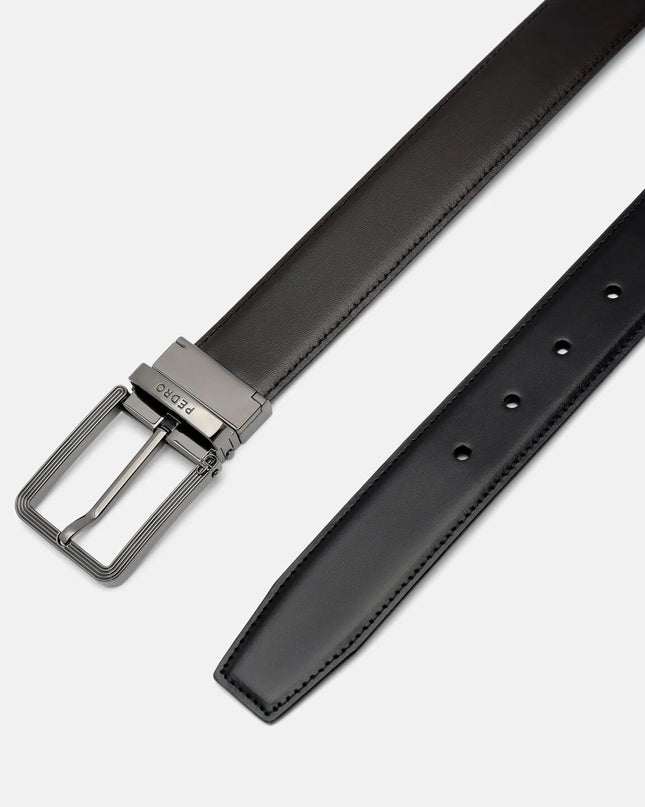 Leather Reversible Pin Belt - Black Textured