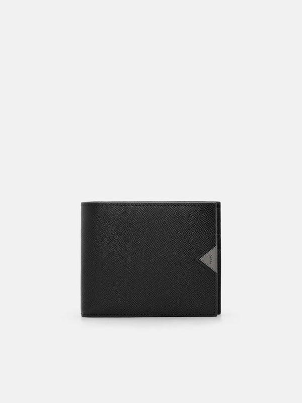Saffiano Leather Bi-Fold Flip Wallet - Black