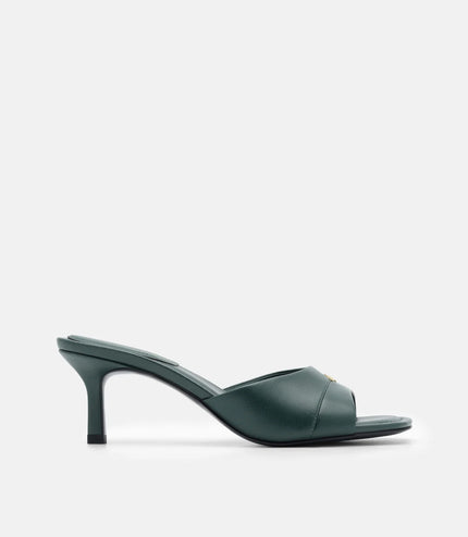 Leather Wide-Band Heel Sandals - Dark Green