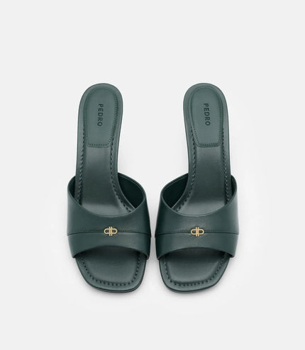 Leather Wide-Band Heel Sandals - Dark Green