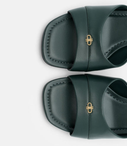 Leather Wide-Band Heel Sandals - Dark Green