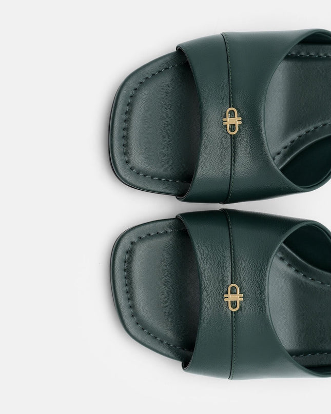Leather Wide-Band Heel Sandals - Dark Green
