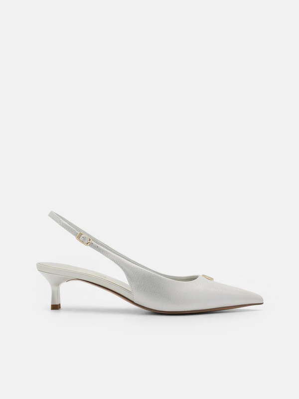 Leather Slingback Heel Pumps - Silver