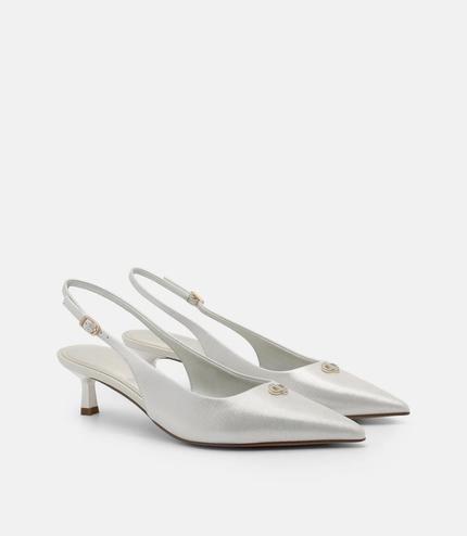 Leather Slingback Heel Pumps - Silver