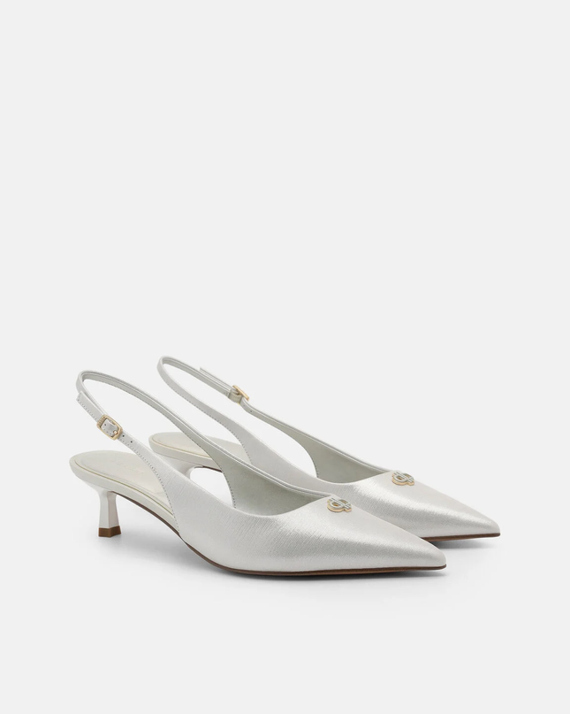 Leather Slingback Heel Pumps - Silver