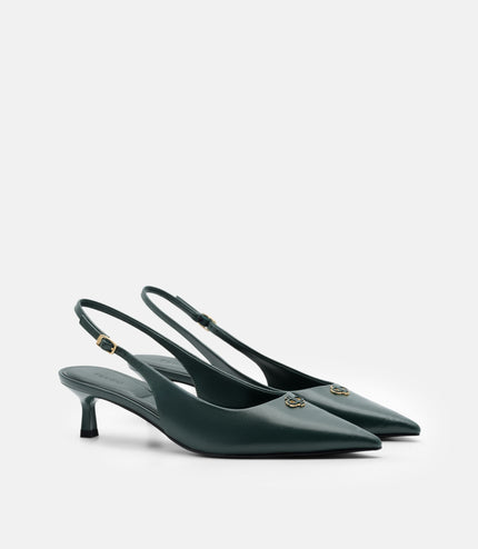 Leather Slingback Heel Pumps - Dark Green