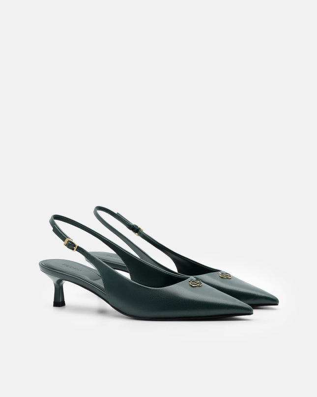 Leather Slingback Heel Pumps - Dark Green