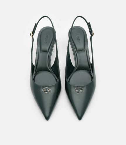 Leather Slingback Heel Pumps - Dark Green